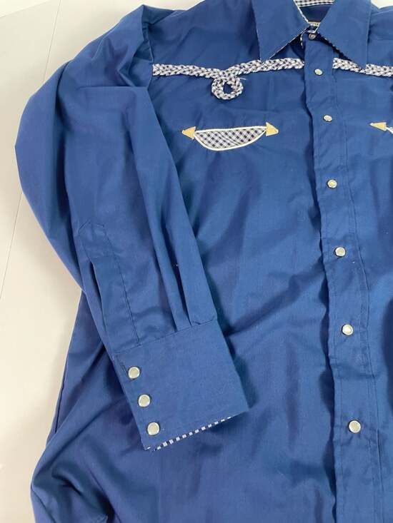 Vintage Fenton Permanent Press Blue Western Pearl Snap Shirt Mens Sz Large - Picture 7 of 12